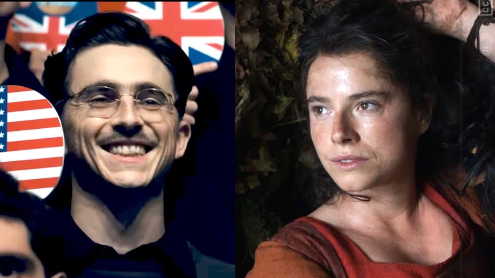 Timothée Chalamet in "Marty Supreme" and Jessie Buckley in "Hamnet"